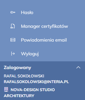 Menu użytkownika - firma